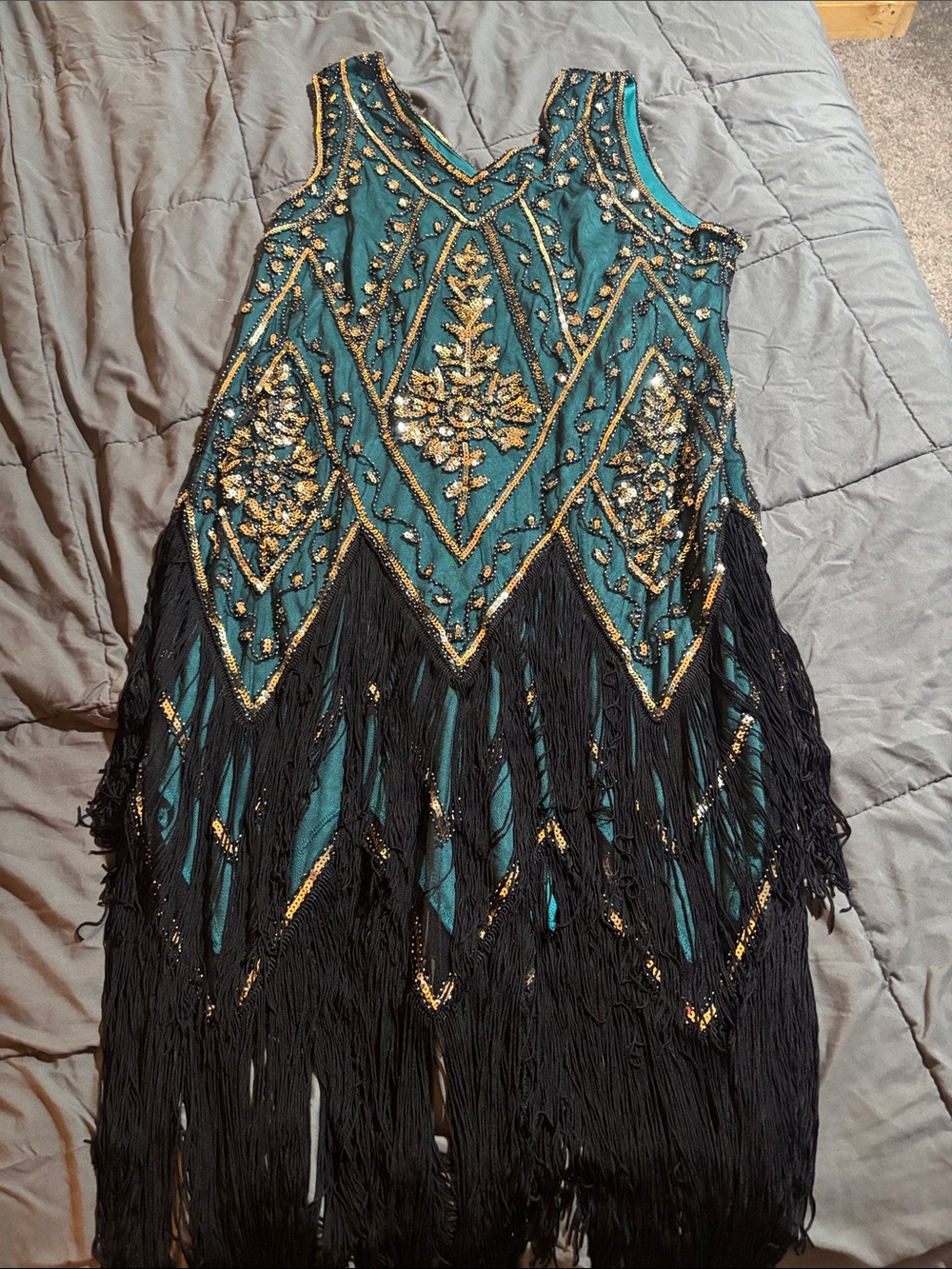 Embellished Teal Fringe Mini Dress